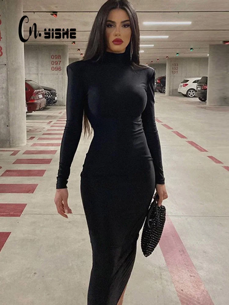 

CNYISHE Women Turtleneck Black Sexy Bodycon Maxi Dress 2022 Winter Casual Streetwear Costume Casual Going Out Dresses Women Robe