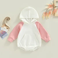 newborn baby long sleeve hooded pocket patchwork romper jumpsuit autumn infant toddler button romper baby clothing