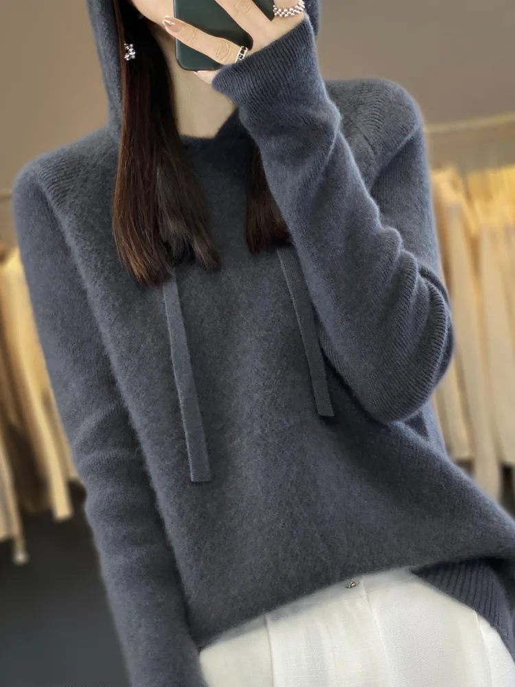 00 Pure Wool Hoodie Bottoming Shirt Women 2024 New Spring and Autumn Plus size women clothing Winter Knit sweater