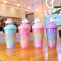 450ml summer creative ice cup korean version girl heart rabbit straw cup lovely double layer iced broken ice plastic water cup