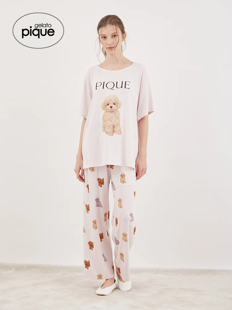 Pajama Room Wear Gelato Pique Women Pajamas Cute Poodle Short Sleeve T-shirt Shorts Trousers Long Dress Sleepwear Summer Modal