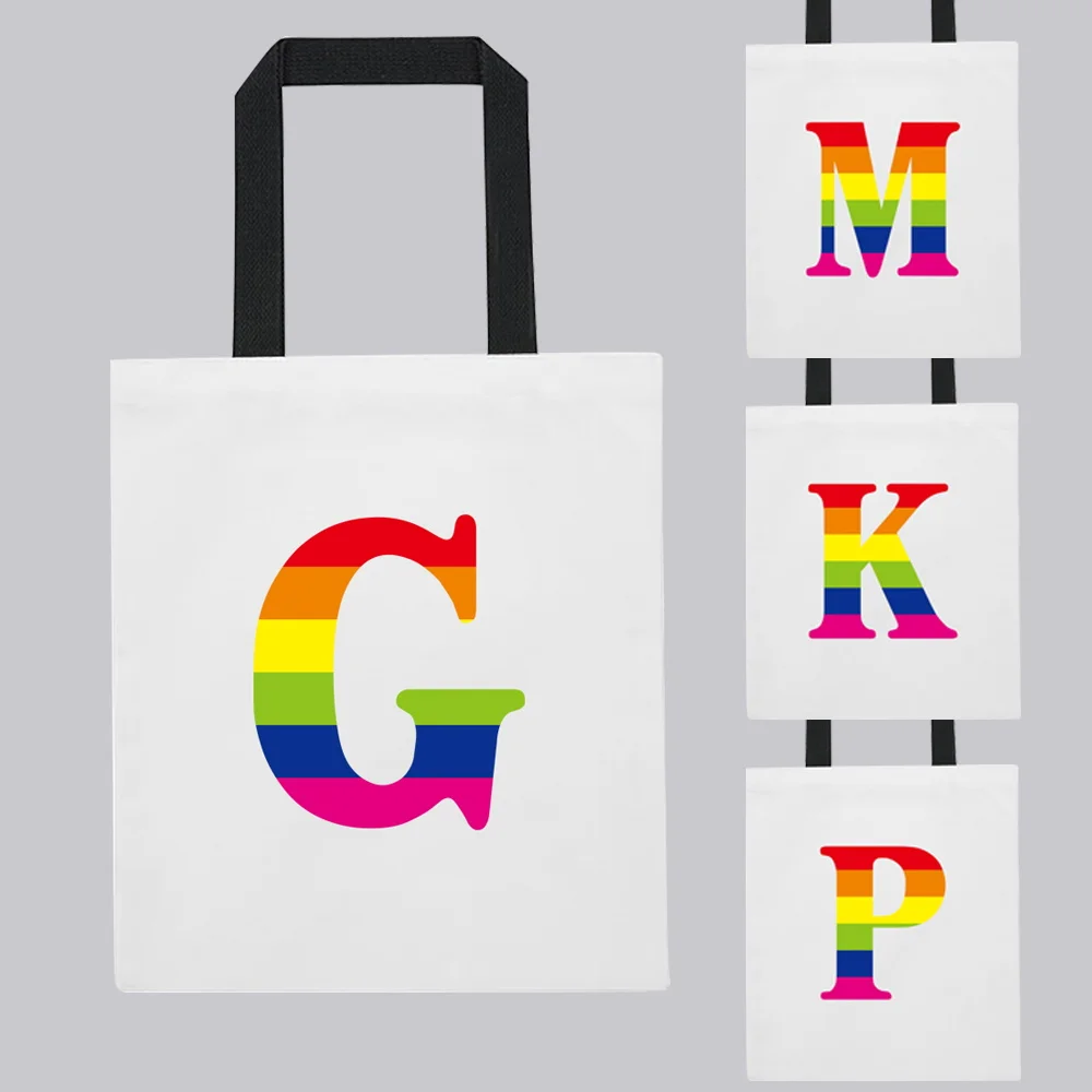 

Fashion Canvas Bag Women Shopping Bag Rainbow Pattern Printing Series Ladies Shoulder Bag White Folding Handbag Tote Bag