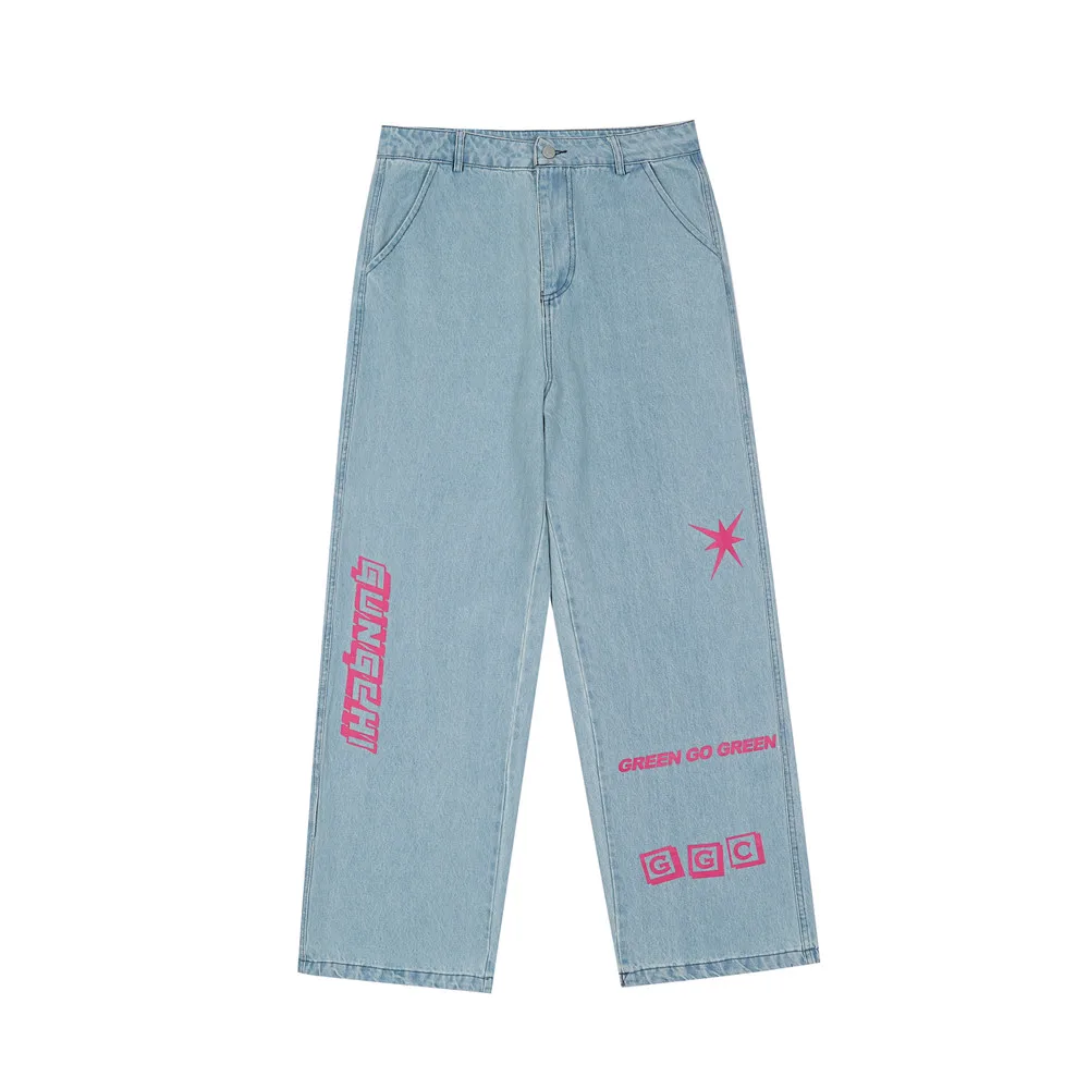 

2022 корейские модные прямые мужские джинсы в стиле хип-хоп с буквенным принтом, широкие брюки, повседневные женские Мешковатые джинсовые брю...