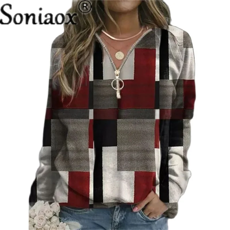 

Autumn Women Sweatshirts Loose Casual V Neck Zipper Long Sleeve Plaid Top Pullover Streetwear Ladies Fashion Ladies Hoodies