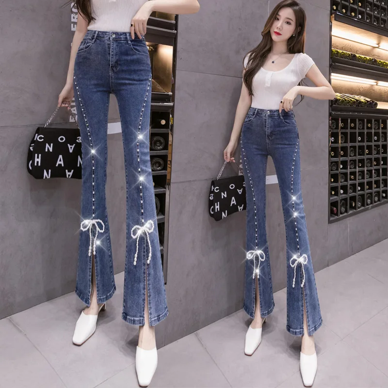 

Heavy Industry Beads Jeans Women 2022 High Waist Stretch Beaded Bowknot Frayed Hem Split Bell-Bottom Pants