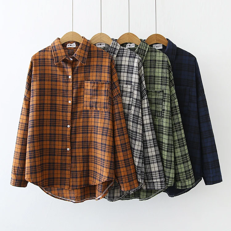 

Summer Women's Blouses Chiffon Polo Shirt Casual Plus Size Loose Print Top Plaid Long Sleeve Clothing Houthion