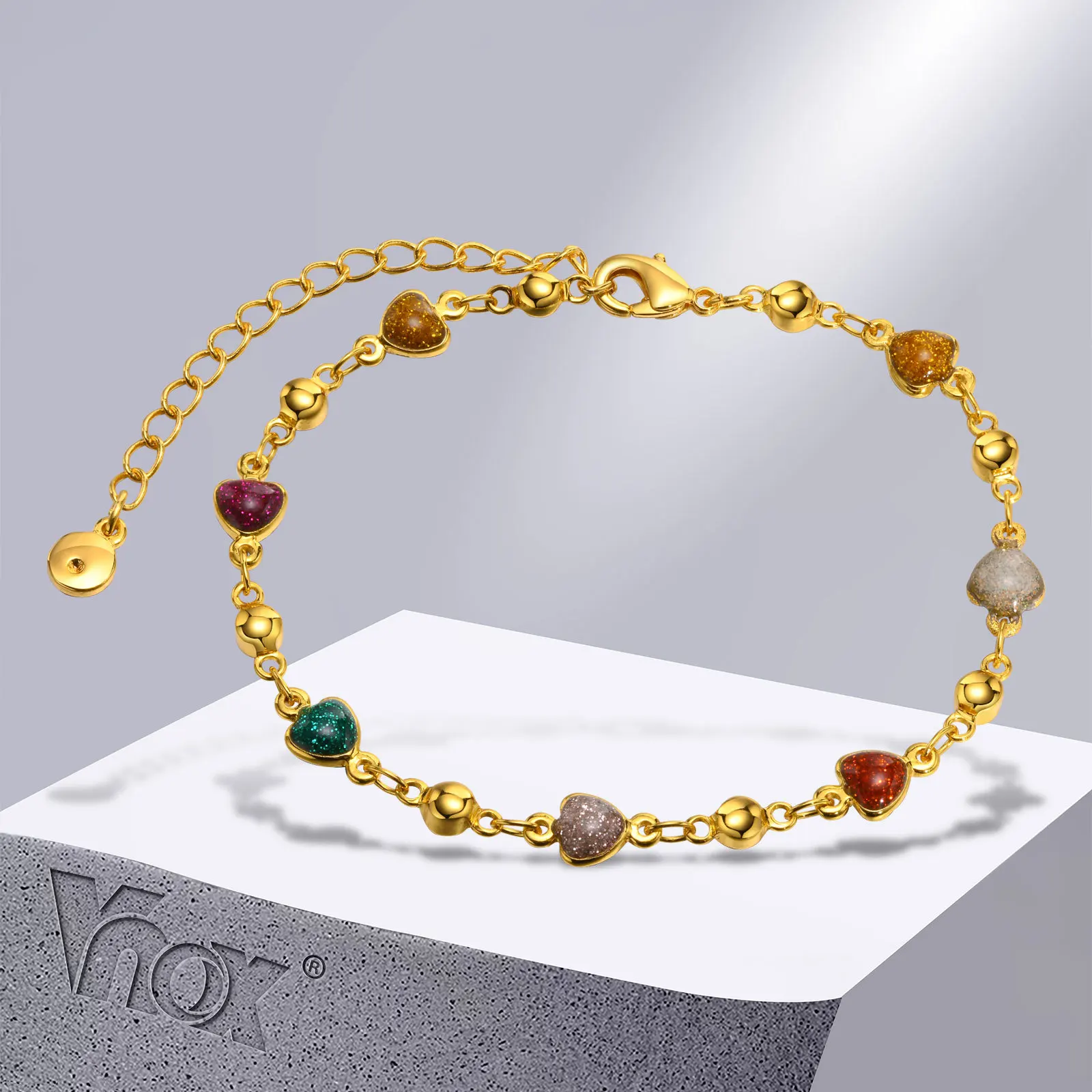 

Vnox Vintage Fashion Heart CZ Stone Bracelets for Women, Gold Color Metal Link Chains Wristband Birthday Gift Jewelry