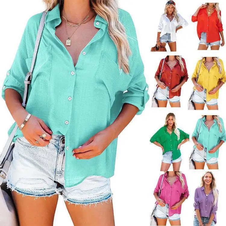 

2023 New Solid Single breasted Shirt Casual Long Sleeve Top