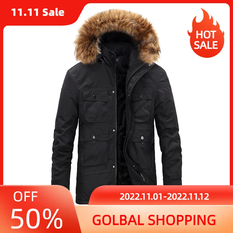 100% Cotton Men Fleece Hooded Down Jacket Winter Mens Thicken Warm Fashion Parkas Coat jaqueta masculina