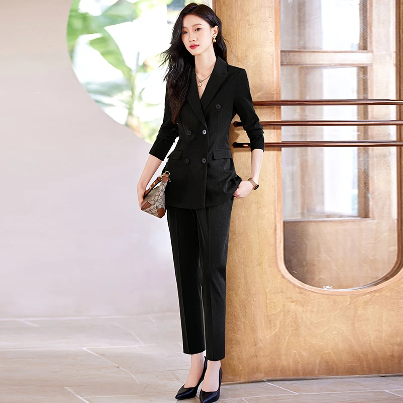 

Women Business Pants Suit Set Blazer and Ankle Trousers High Fashion Office Ladies Career Work Wear Black Grey Navy 2023