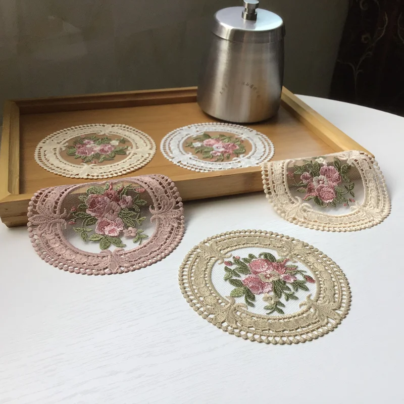 

12cm Vintage Lace Coaster Placemat Embroidery Craft Bowls Coffee Cups Coaster European Style Fabric Anti-Scald Table Plate Mat