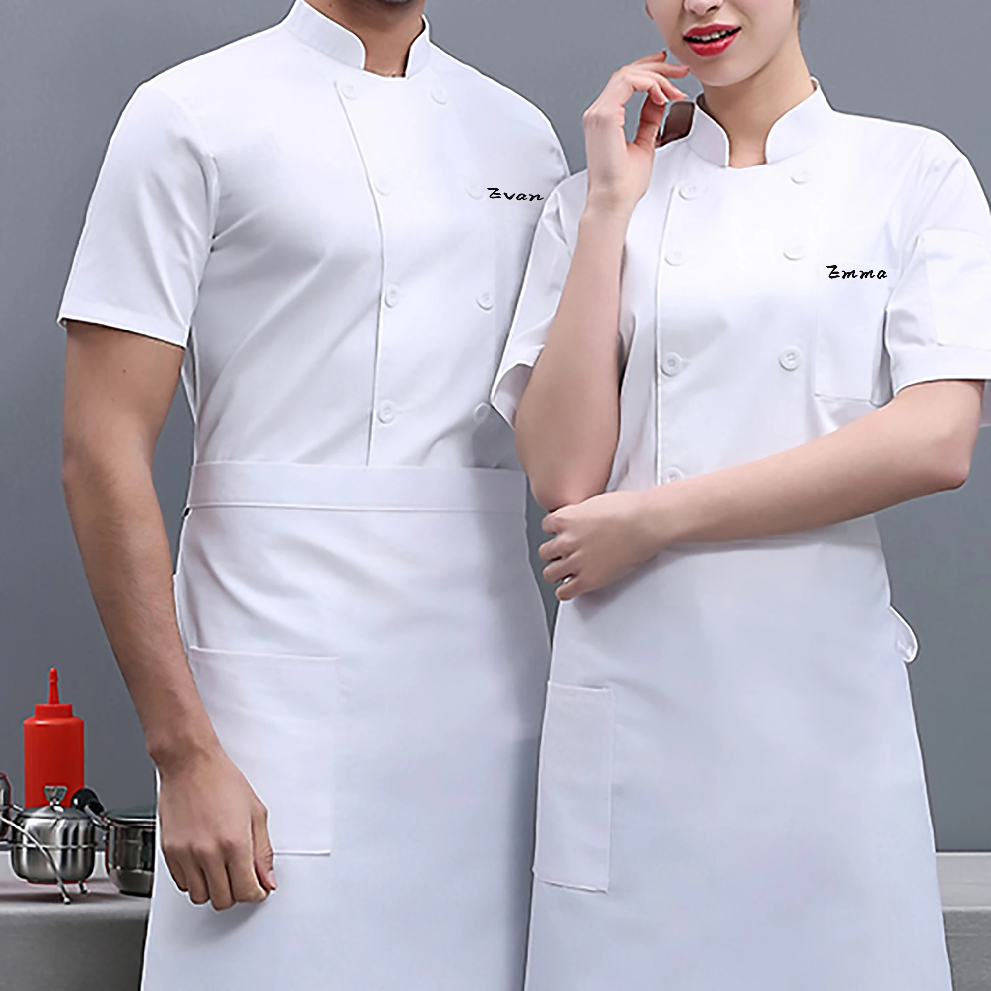 Customizable nameShort Sleeve Chef Jacket Restaurant Kitchen Chef Uniforms Double Breasted Cafe Waiter Food Service Long Jackets