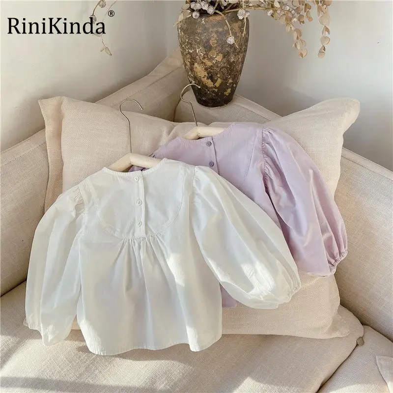 

2022 весенние модные блузки rinikind для маленьких девочек с пышными рукавами, однотонные детские топы, Детские плиссированные рубашки в Корейск...