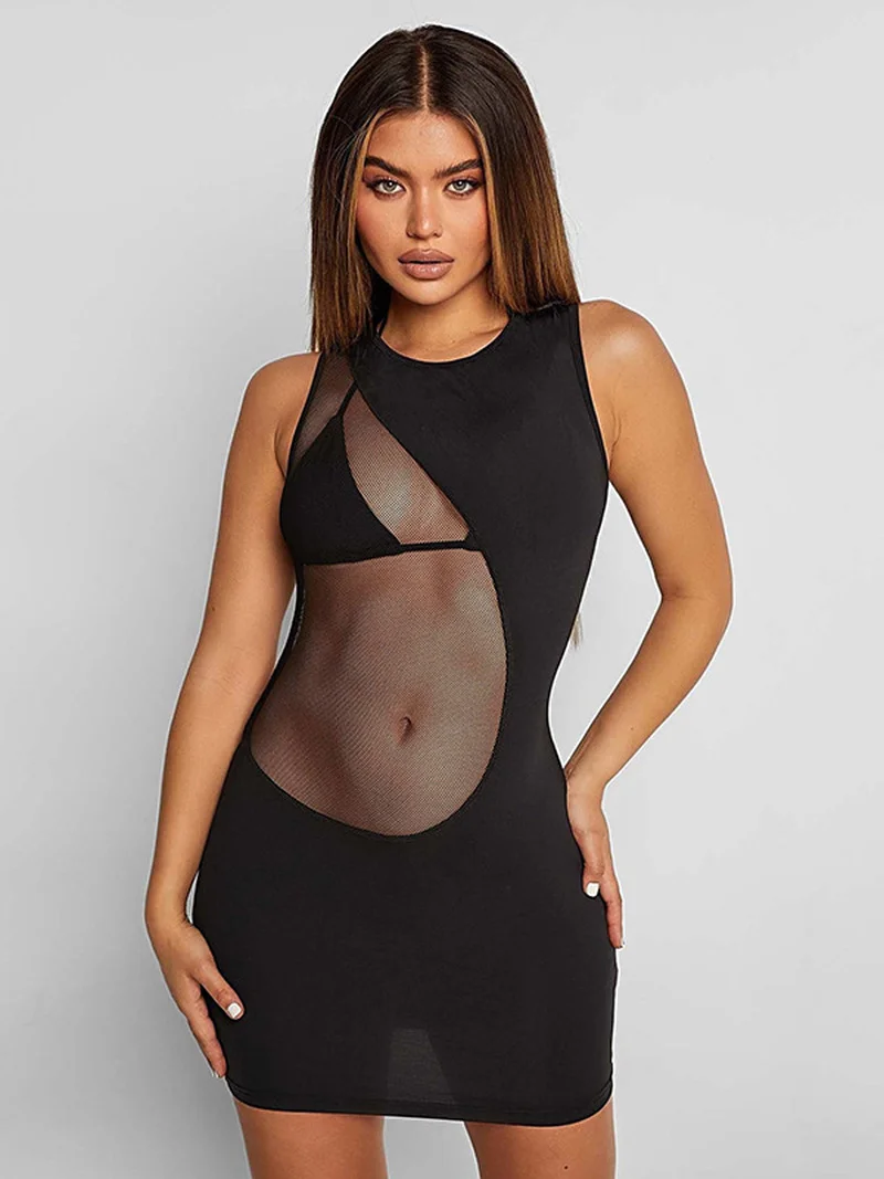 

Женский прозрачный комплект из двух предметов, облегающее платье-мини без рукавов с О-образным вырезом и сетчатой вставкой в стиле пэчворк ...