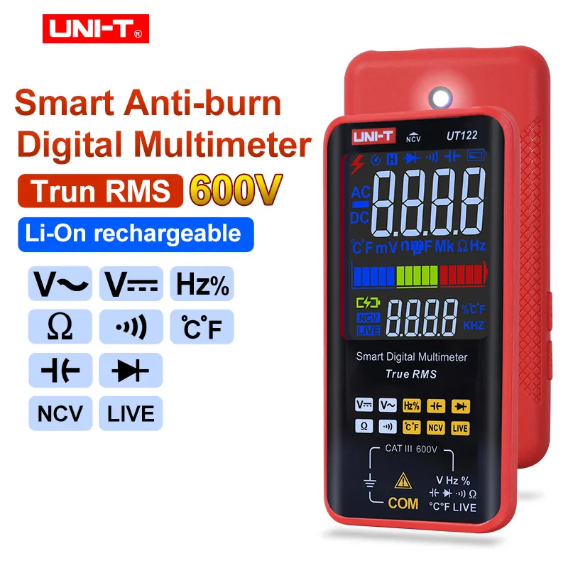 

UNI-T UT122 Intelligent Digital Multimeter Auto Range Rechargeable Voltmeter AC/DC Voltage Capacitance Diode NCV Hz Live Tester