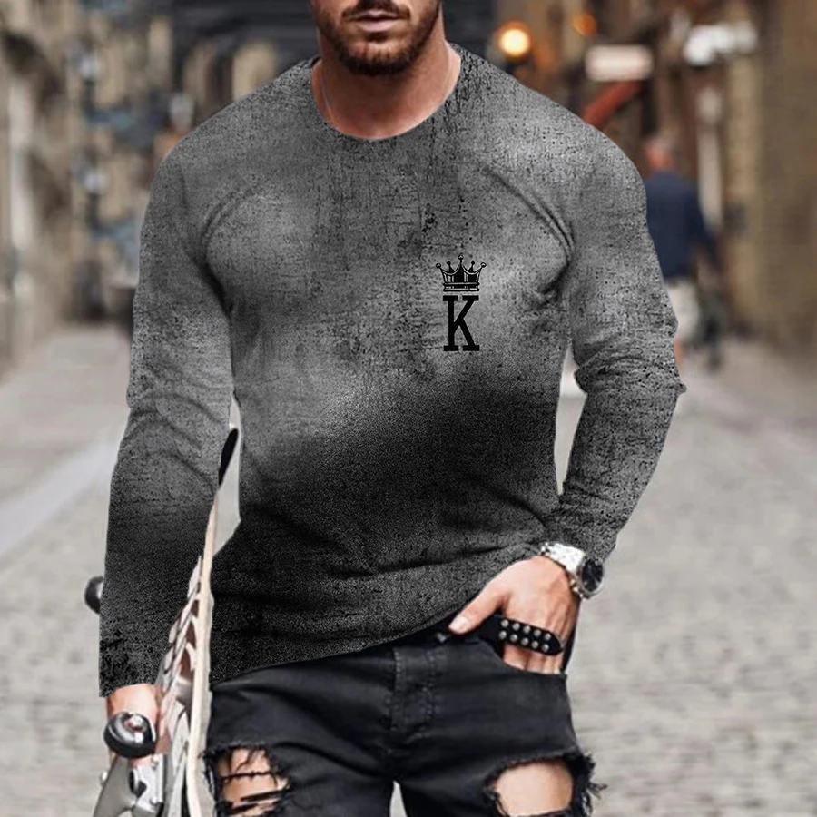 

Spring and Autumn Men's Fashion Casual T-shirt Gradient K Poker 3D Print Color Matching Long-sleeved T-shirt Oversized Tee Shirt