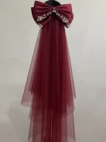 burgundy colour red tulle satin bow with pearls beads wedding veil comb headdress velos de novia wedding accessories