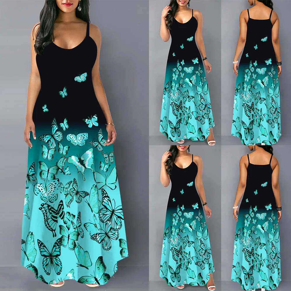 

Bodycon Sexy Women Maxi Floor Length Dress Butterfly Printed Summer Sleeveless Dress For Ladies