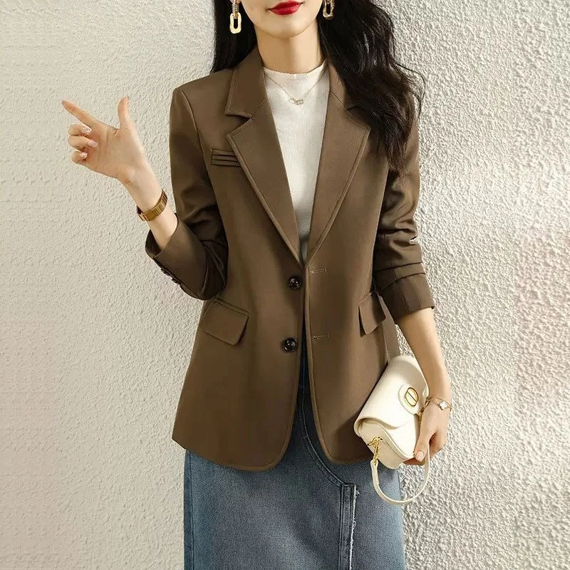 

Brown Blazers Jacket Women's Spring Autumn New Fashion Design High Sense Casual Single Breasted Long Sleeve Femme Small Suit Top