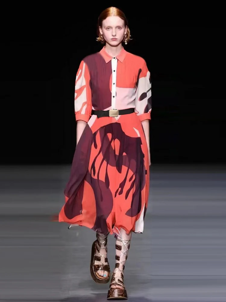 

Женское платье-рубашка средней длины, повседневное модельное платье знаменитости с винтажным принтом в богемном стиле, весна-лето 2023