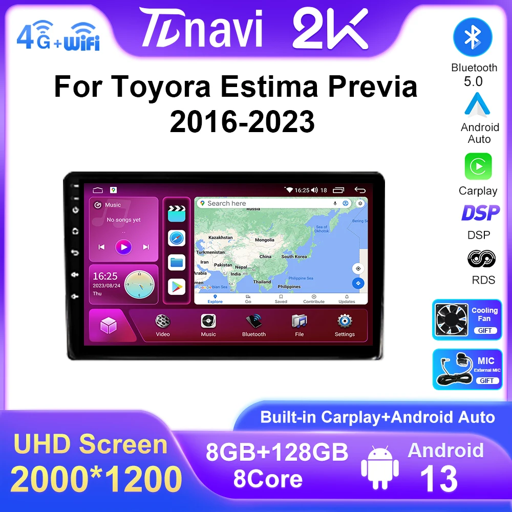 

2K Screen For Toyota Estima Previa 2016 - 2023 Car Radio Player Android Auto DSP Carplay 4G WIFI RDS GPS Navigation No DVD 2 Din