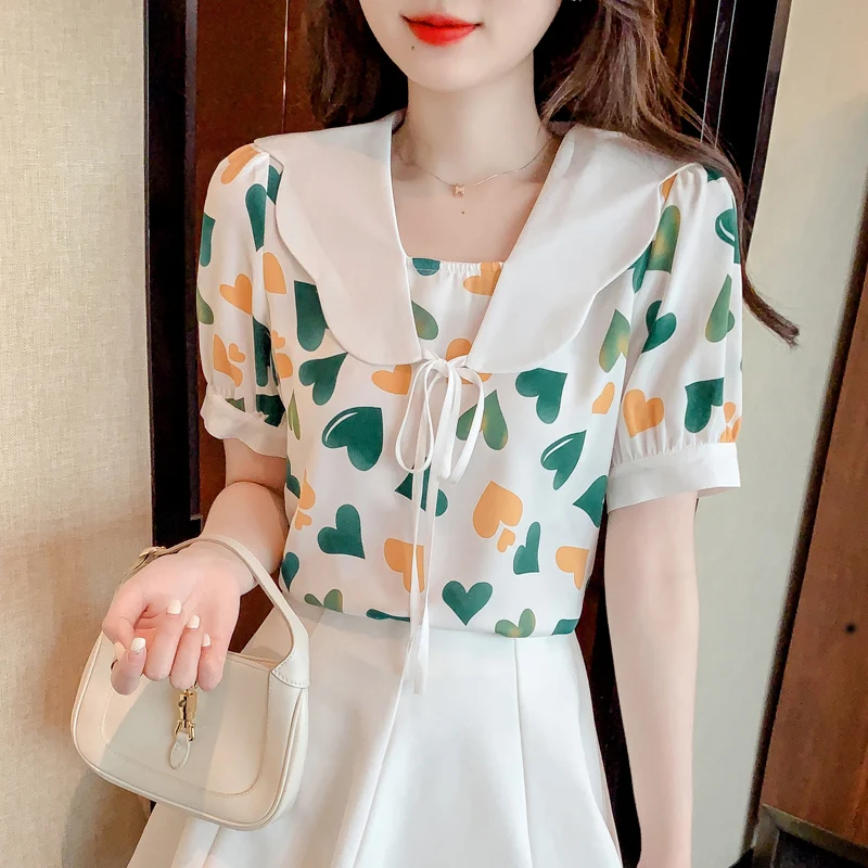 

COIGARSAM Shirt Womens Tops Summer 2022 New Chiffon Peter Pan Collar Women Shirts Dropshipping