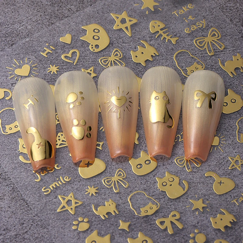 1 лист 3D черные Мультяшные милые наклейки для ногтей с котом звездами буквами