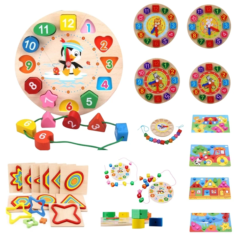 

Montessori Cartoon Animal Educational Wooden Beaded Geometry Digital Clock Puzzles Gadgets Matching Clock Toy For Children
