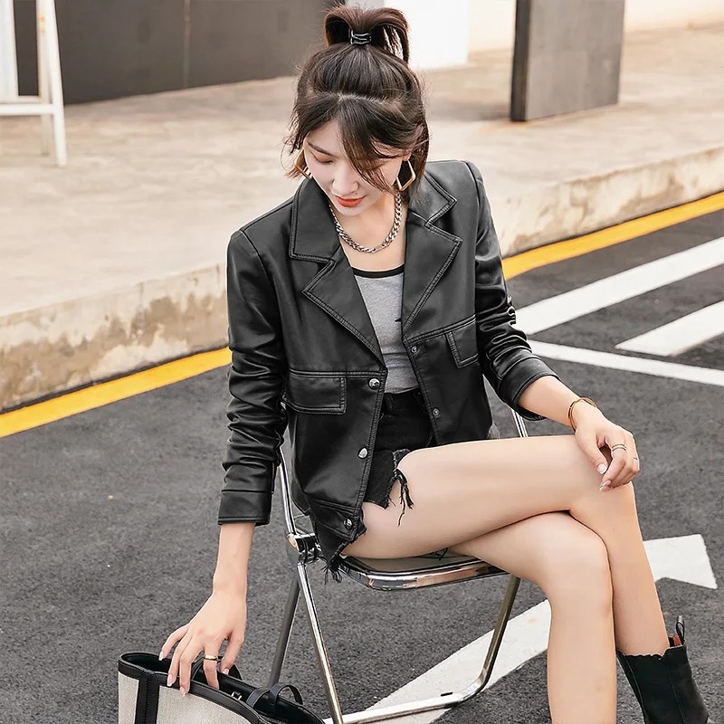 2022 Leather Coat Women's Short Lapel Fitted Leather Coat Motorcycle Leather Jacket Pu Leather Top Yellow Sweet Girl Leather Top