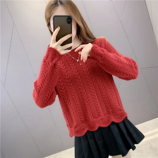 

Red Sweet Simple Pure Color Spring Pullover O-Collar Warm Sweater Women's Sweaters Women Girl Pull Slim Top Cloth Outer Coat