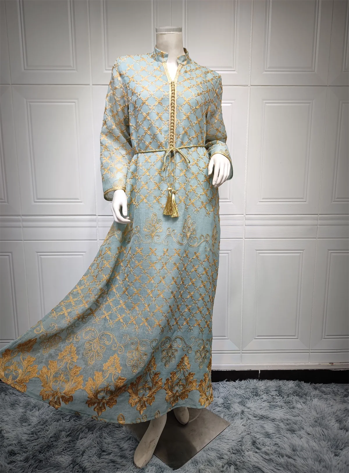 Dresses For Woman 2023 Retro Floral Embroidered Belted Long Dress Moroccan Kaftan Dubai Abaya Muslim Jalabiya Ramadan