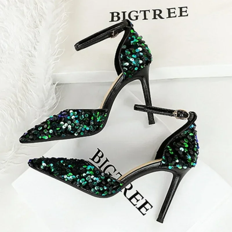 Босоножки BIGTREE женские с блестками пикантные туфли-лодочки заостренным носком на