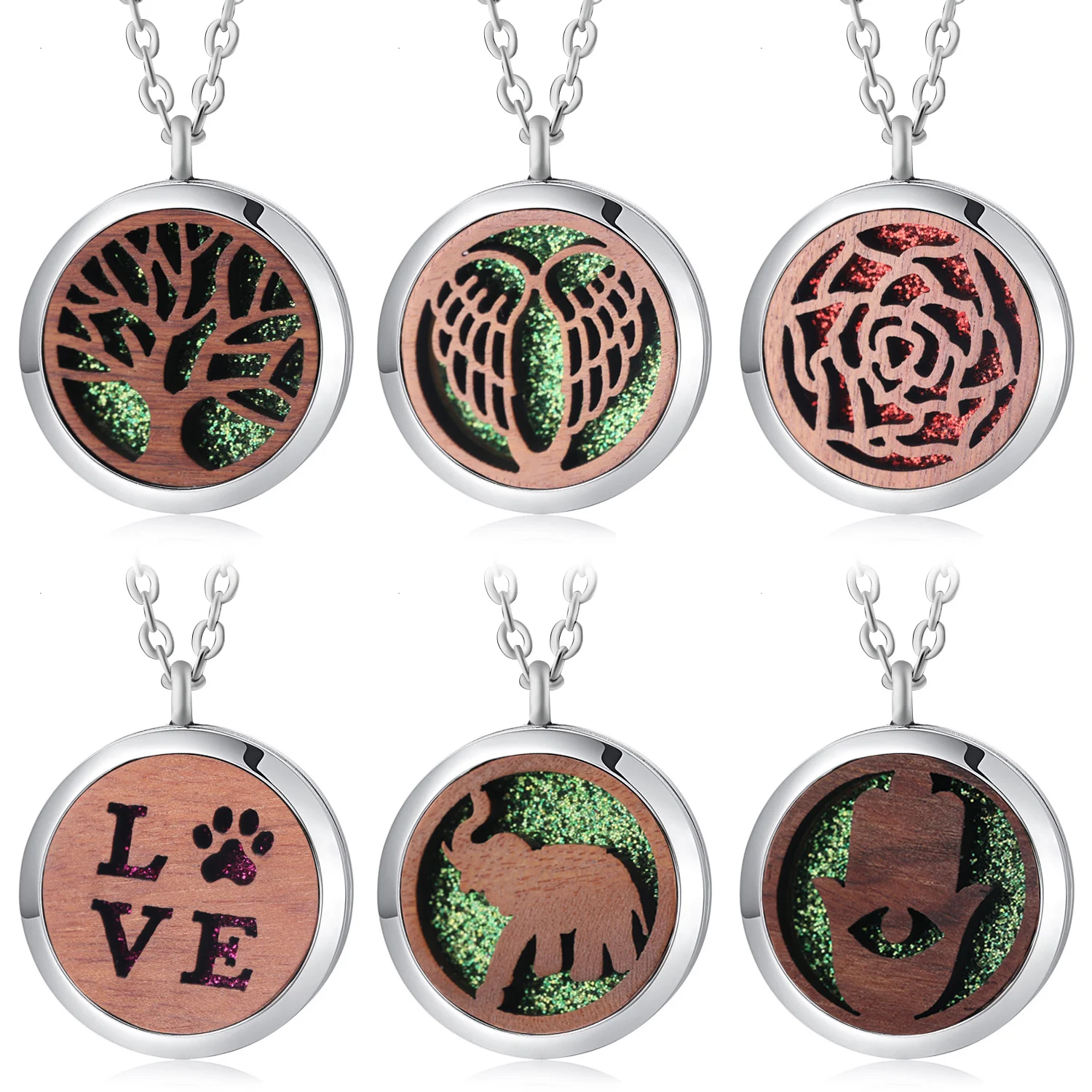 

Vintage Wood Tree of Life Aromatherapy Necklace Fashion Essential Oil Diffuser Angel Wings Simple Perfume Locket Pendant Jewelry