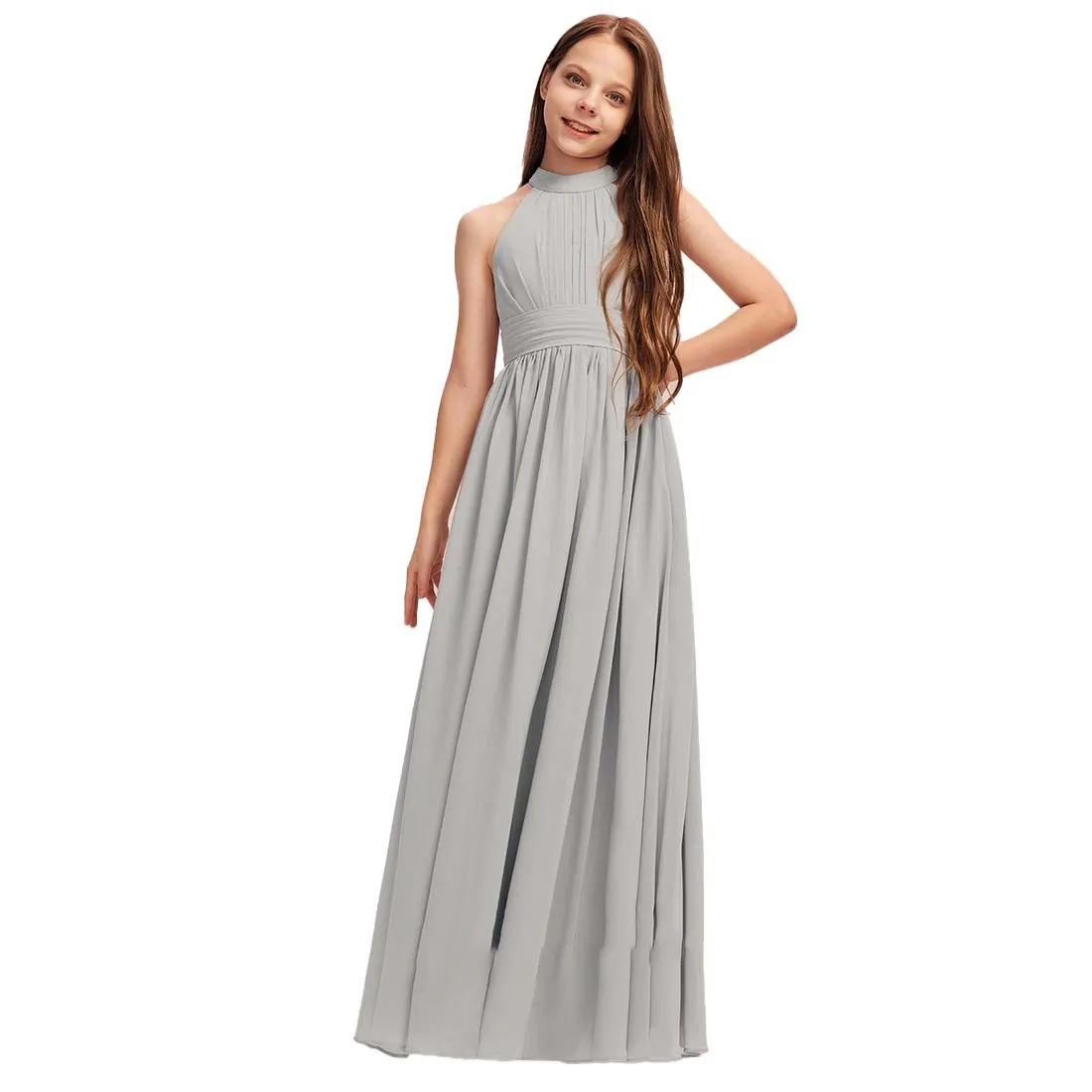 

YZYmanualroom Junior Bridesmaid Dress A line Halter Floor Length Chiffon With Pleated Evening Dress New Elegant Banquet Gowns