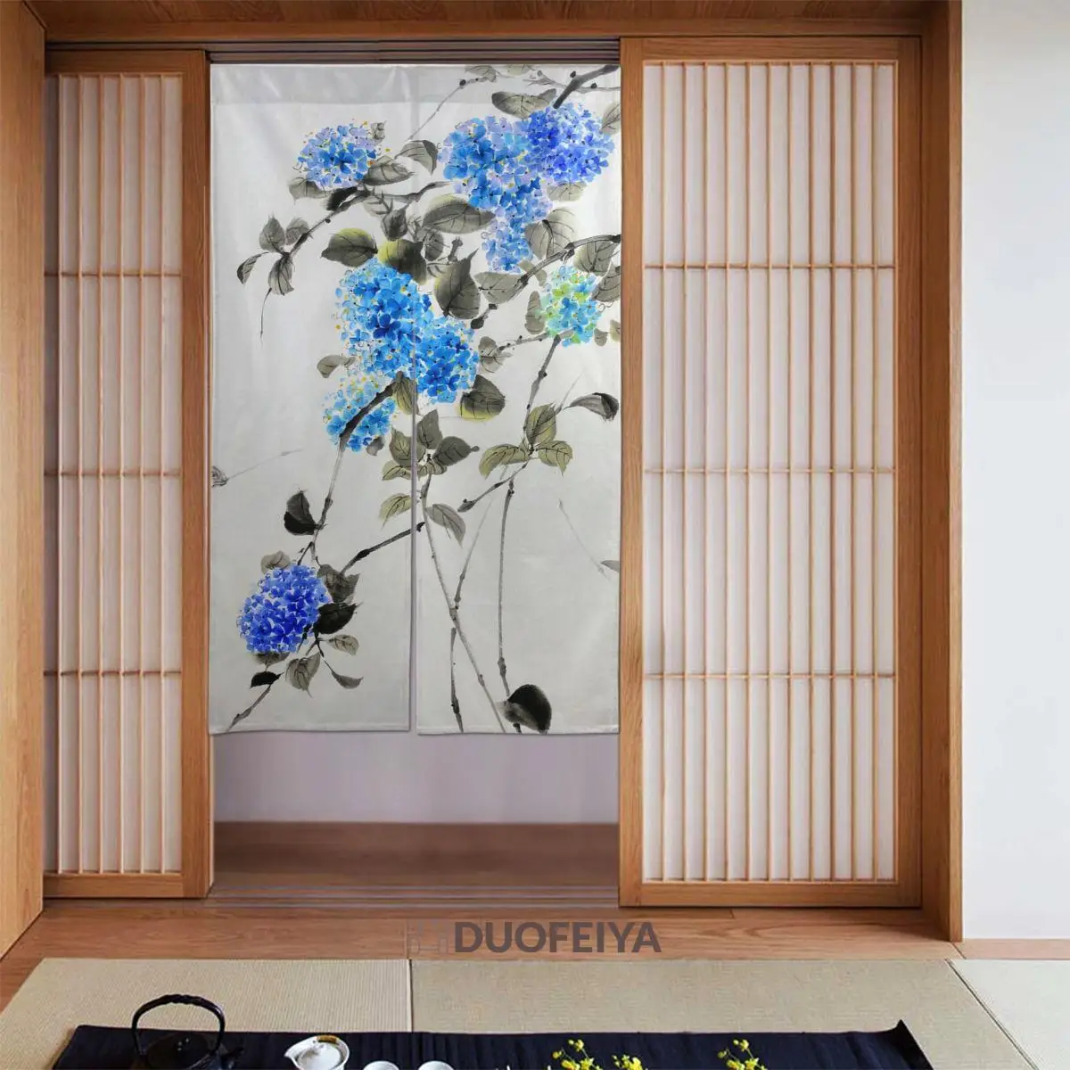 

Blue Flower Japanese Door Curtain Chinese Ink Painting Partition Curtain Cotton Linen Funny Noren for Entrance Toilet Gift