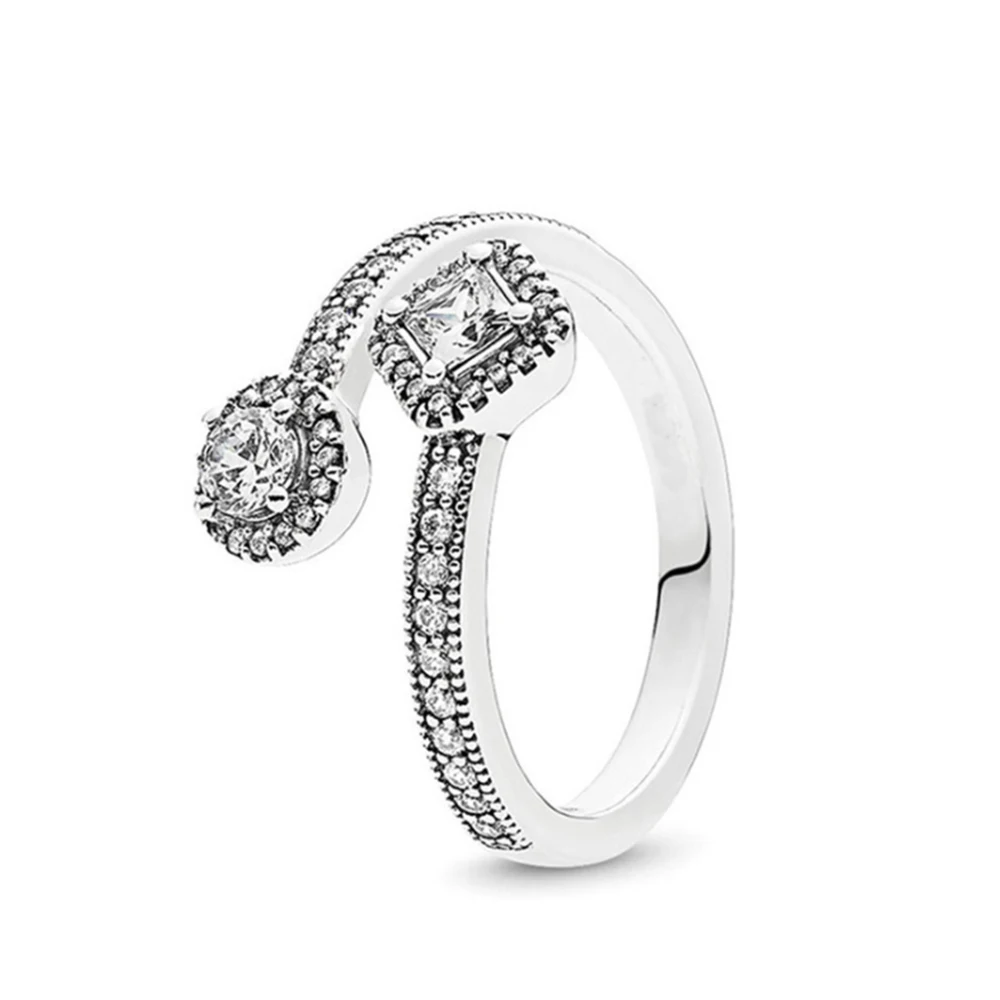 

925 Silver Plated Sparkling Design Square and Round Open Ring Niche Fashion Accessory Fashion Jewelry Fit for Pandora With Bag