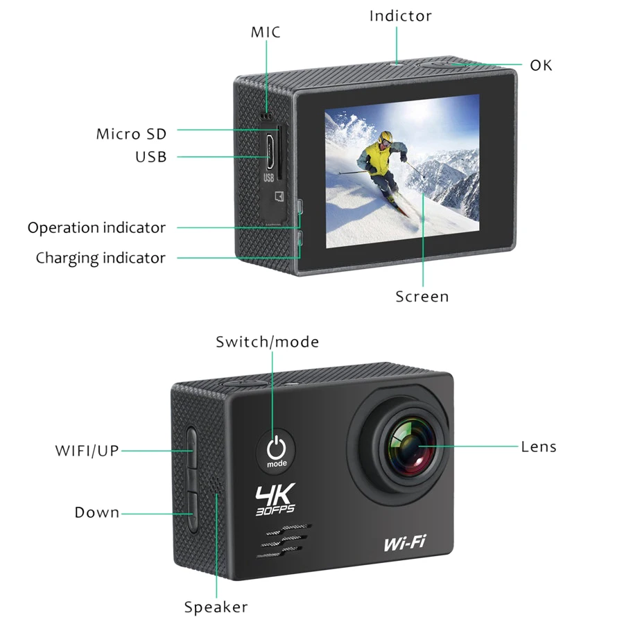 Pаспродажа Экшн-камера HD 4K/60Fps Wifi 16MP 2.0 LCD 170D объектив на шлем 30M Go Водонепроницаемая профессиональная спортивная камера видеокамера
