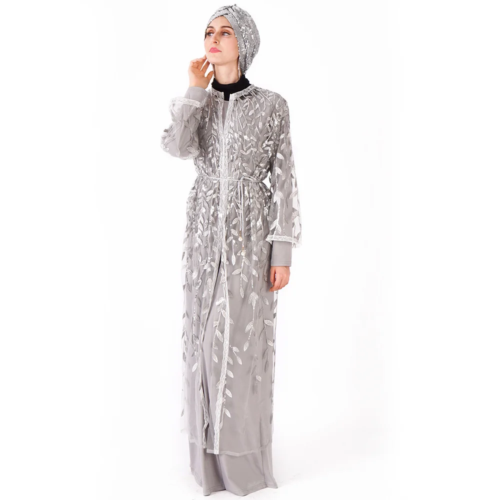 

Islamic Muslim Women's Cardigan With Sequin Embroidery Moslim Djellaba Women Abaya Black