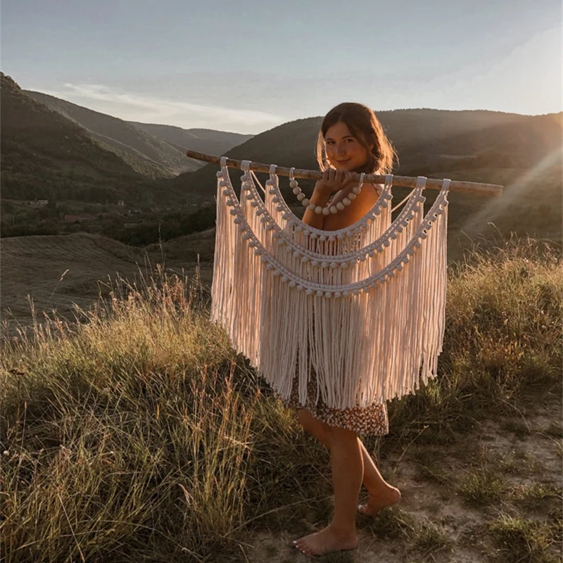 

Large Macrame Wall Hanging Boho Style Woven Tapestry With Spliced Round Wooden Stick For Home Bedroom Headboard Textile Backdrop