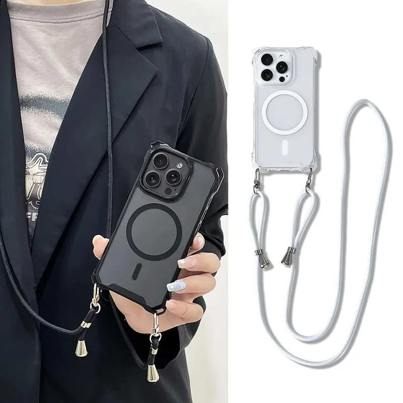 Фото Прозрачный чехол-накладка с магнитной беспроводной зарядкой MagSafe и ремешком-шнурком для iPhone 17 Air, 16, 11, 12, 14, 13, 15 Pro Max №1