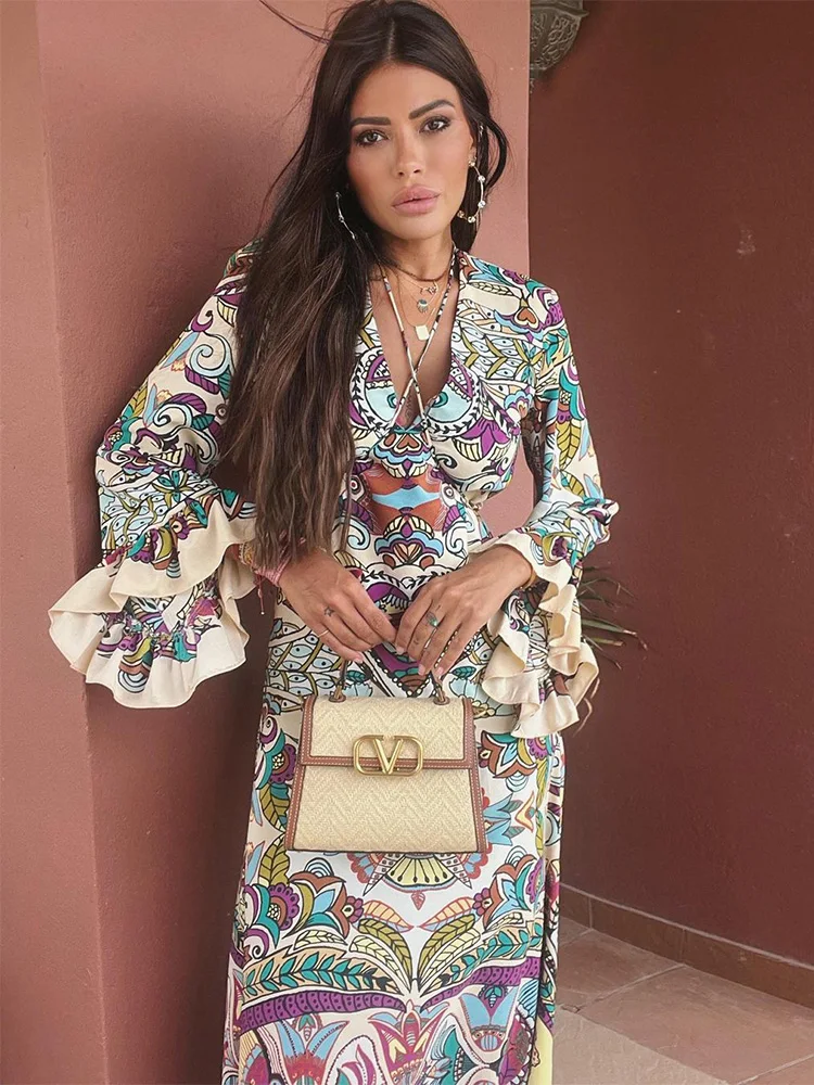 

Boho Clothing For Women Dresses 2022 Bohemian Vacation Vintage Print Dress V Neck Tie Long Sleeve Ruffle Trim Loose Midi Dress