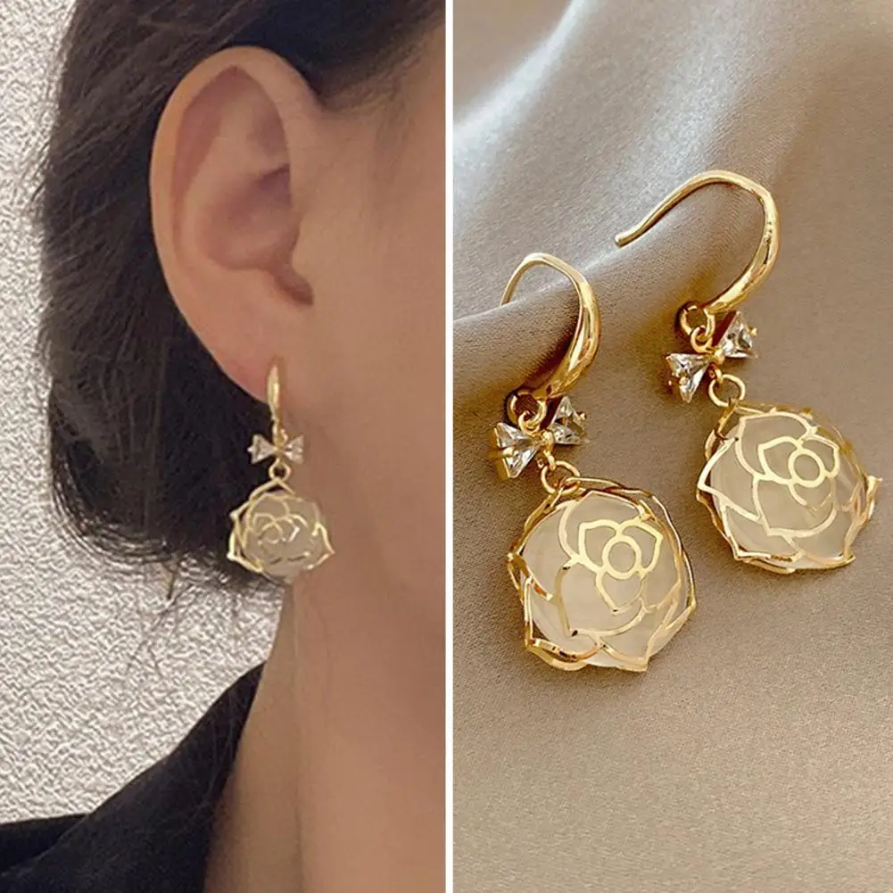 

1 Pair Hook Earrings Golden Hollow Flower Faux Opal French Style Elegant Rhinestone Inlaid Bowknot Dangle Earrings Fashion Jewel
