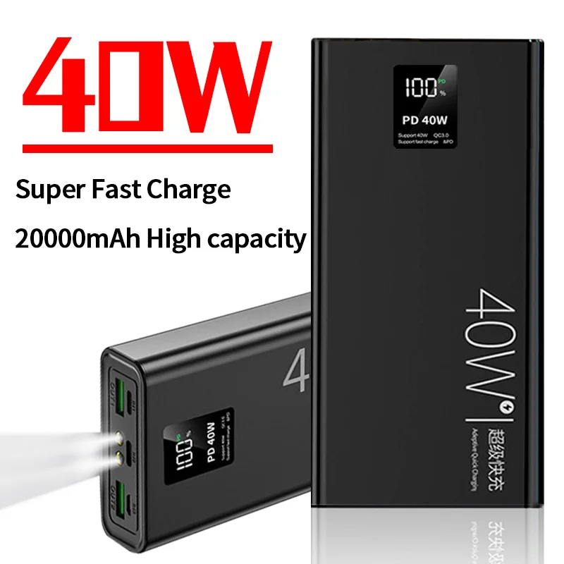 

20000mAh Super Fast Charging Power Bank 40W Portable Digital Display External Battery Charger with Flashlight for iPhone Xiaomi