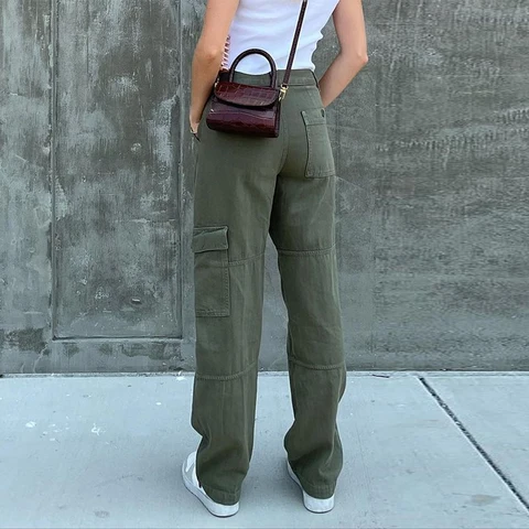 Green Vintage 90S Baggy Jeans Women's Pockets Wide Leg Cargo Pants 2022 Streetwear Casual Low Waist Denim Straight Trousers