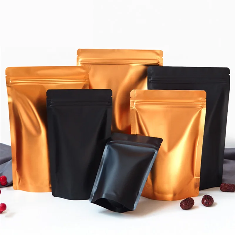 Mylar-bolsas de almacenamiento de alimentos, paquetes de papel de aluminio mate resellable, con cierre de cremallera, color negro y dorado