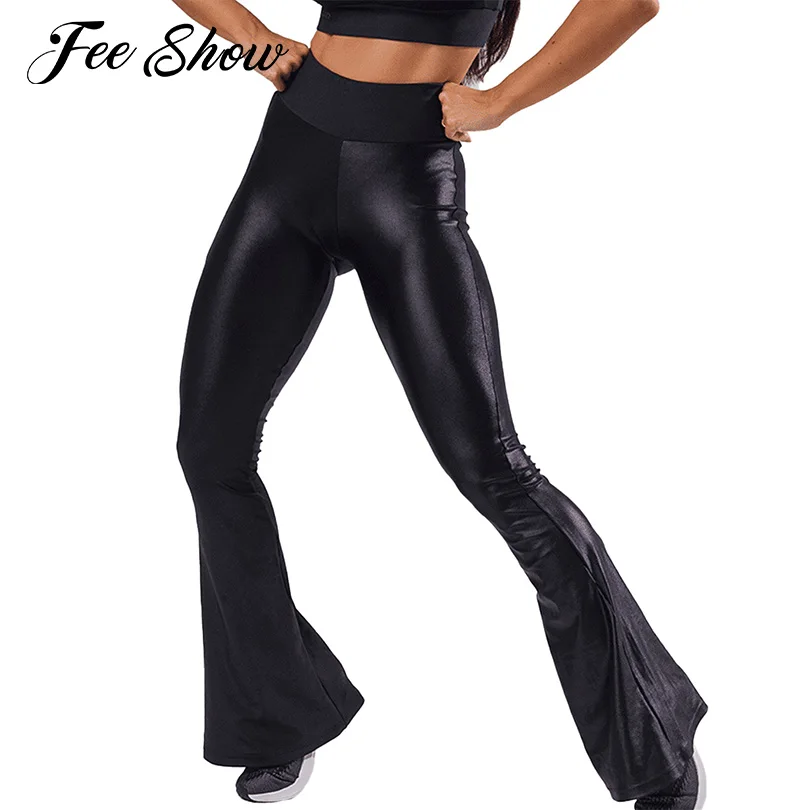 

Black Women Faux Leather Jazz Dance Pants High Waist Wide Elastic Waistband Stretchy Flared Pants Bell Bottom Gym Yoga Dancewear