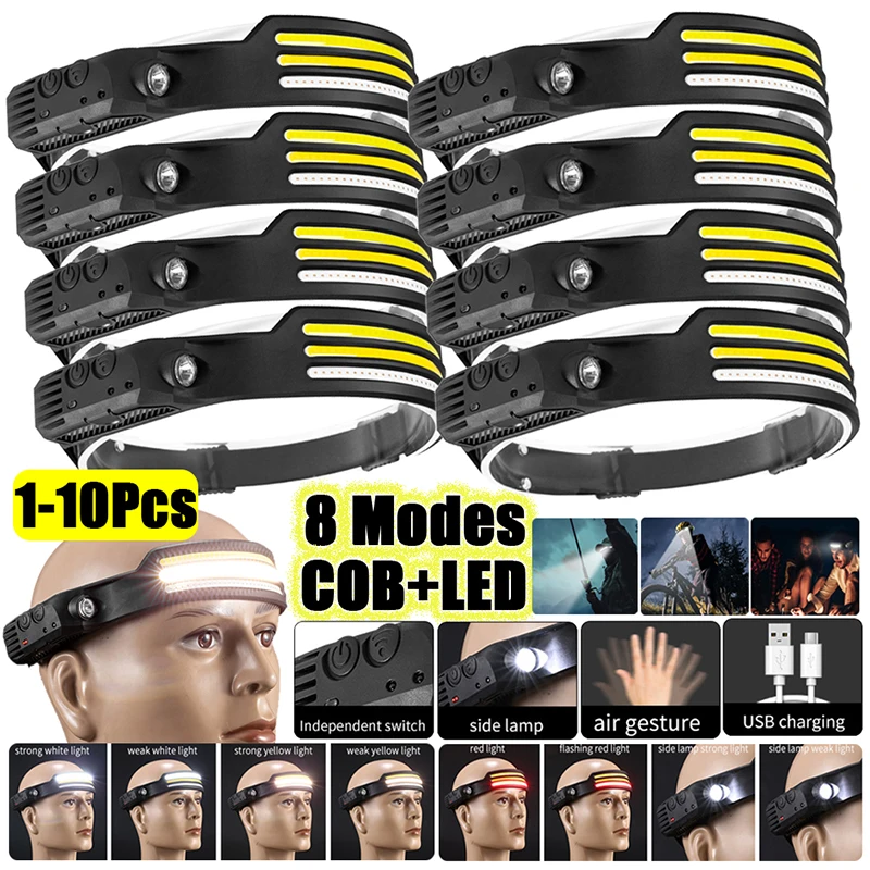 

1-10Pcs COB LED Headlamp Sensor Headlights Flashlight Silicone Headband Rechargeable Head Torch Outdoor Camping Fishing Lighting