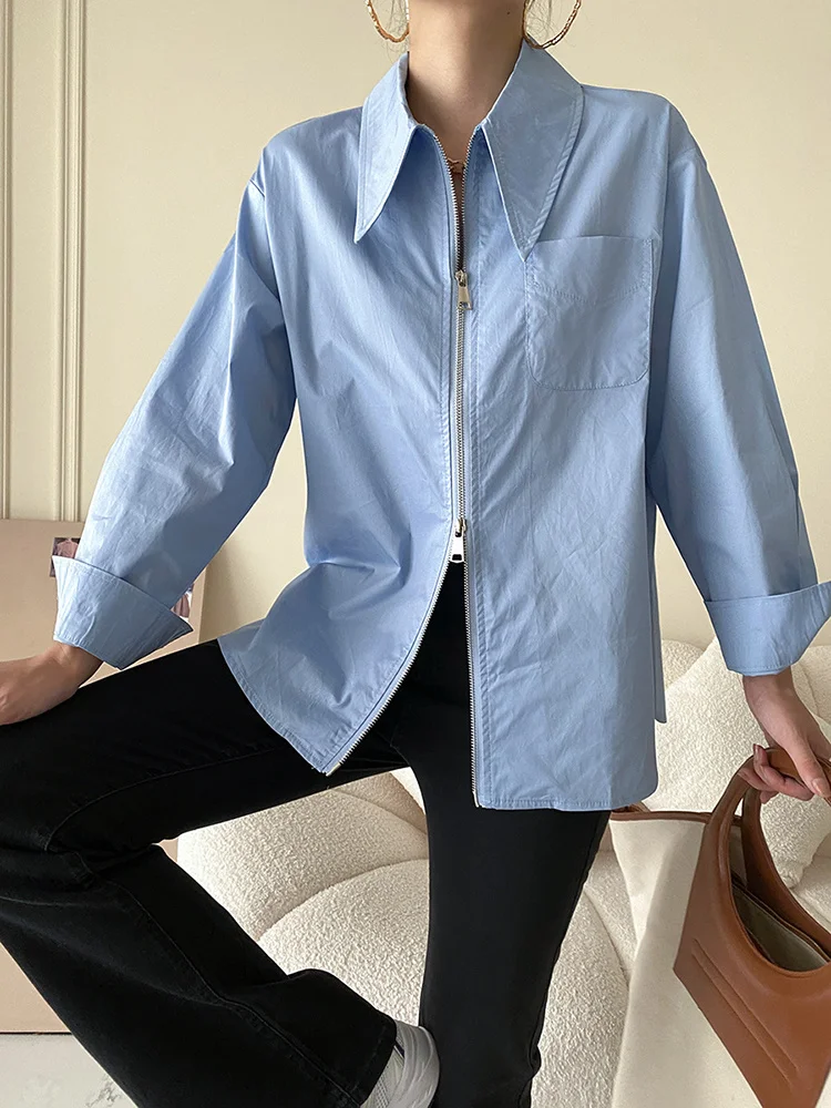 

Женская блузка с двойной молнией, голубая Свободная рубашка с отложным воротником и длинным рукавом, большие размеры, весна-осень 2022 K111