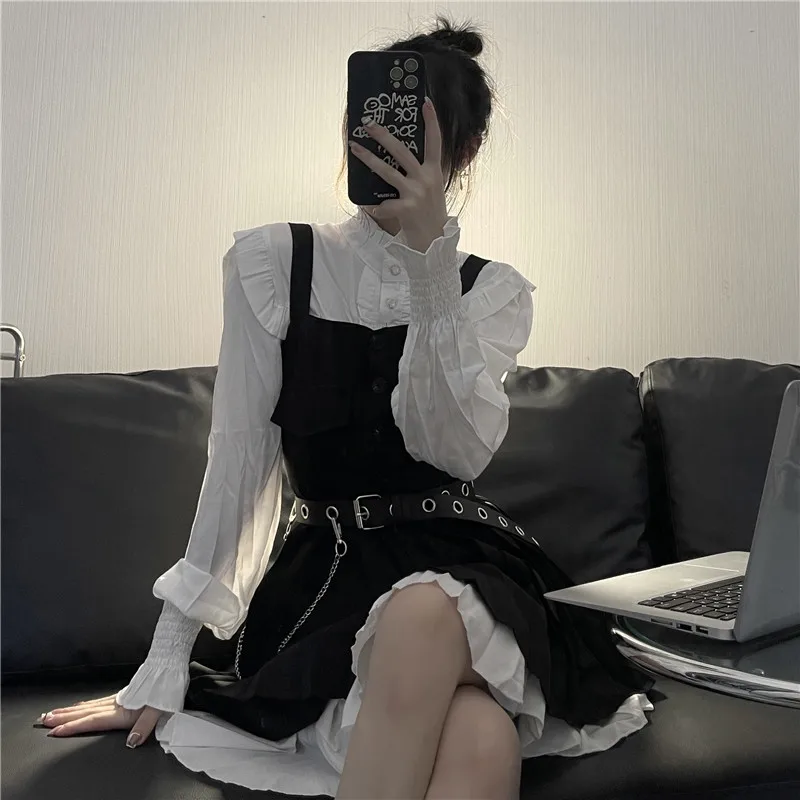 

Outfit Women Set Cute Fairy Dress Black Dark Lolita Formal Suits Suspender Strap Dress Pleated Skirt White French Style Shirt