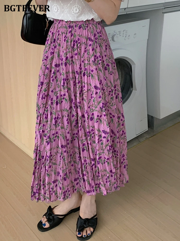 

Элегантные шикарные женские плиссированные юбки BGTEEVER, лето 2022, свободные женские цветочные юбки, винтажные женские трапециевидные юбки с э...